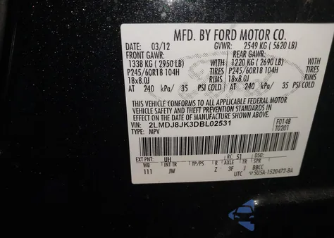 2013 Lincoln Mkx z USA, uszkodzony, nr VIN 2LMDJ8JK3DBL02531